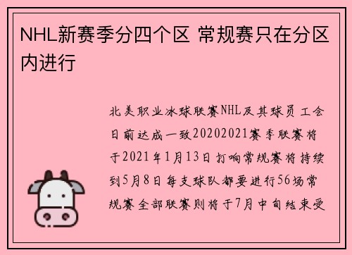 NHL新赛季分四个区 常规赛只在分区内进行